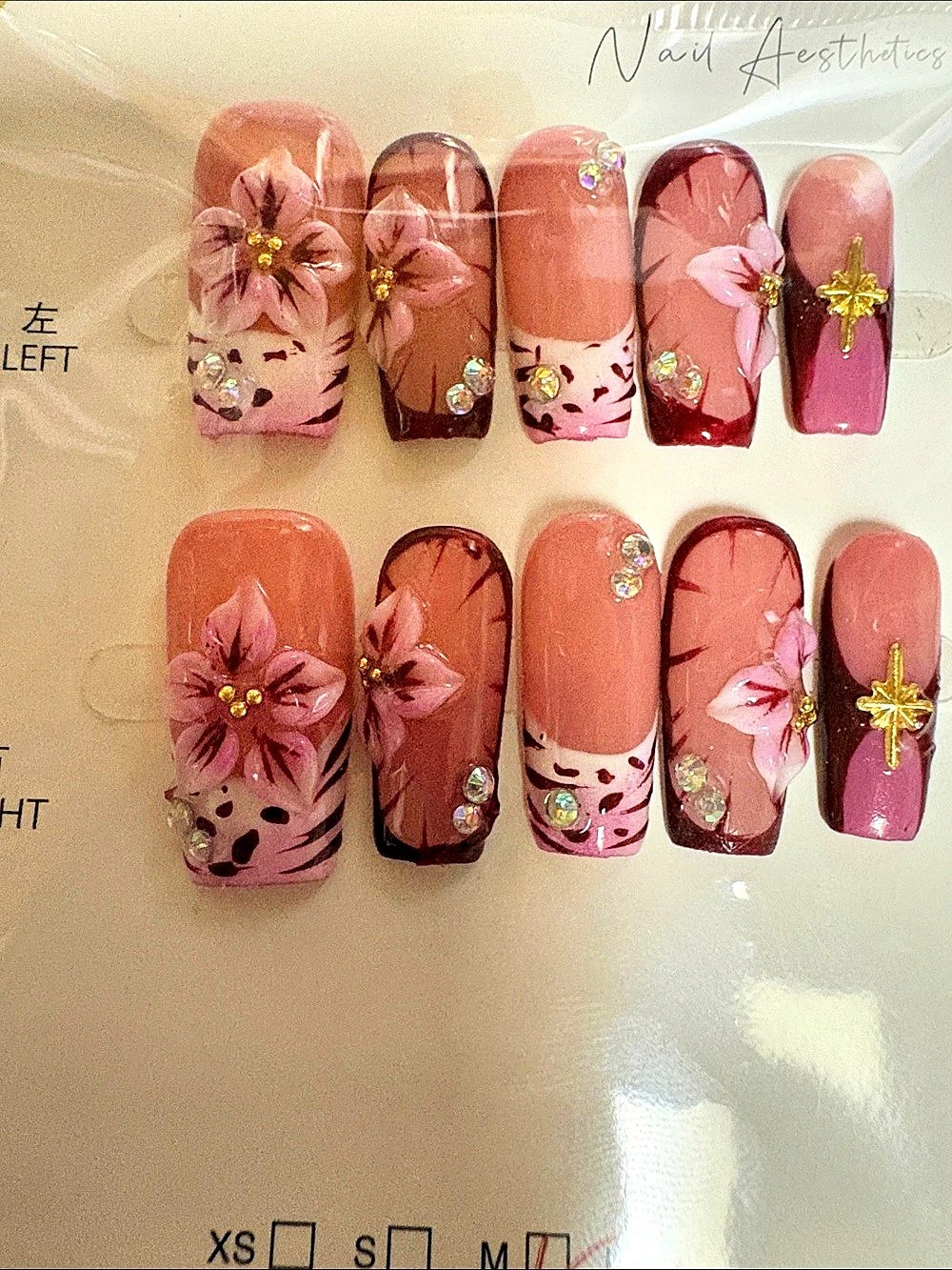 Floral Pink & Brown Press-On Nails Medium NWT